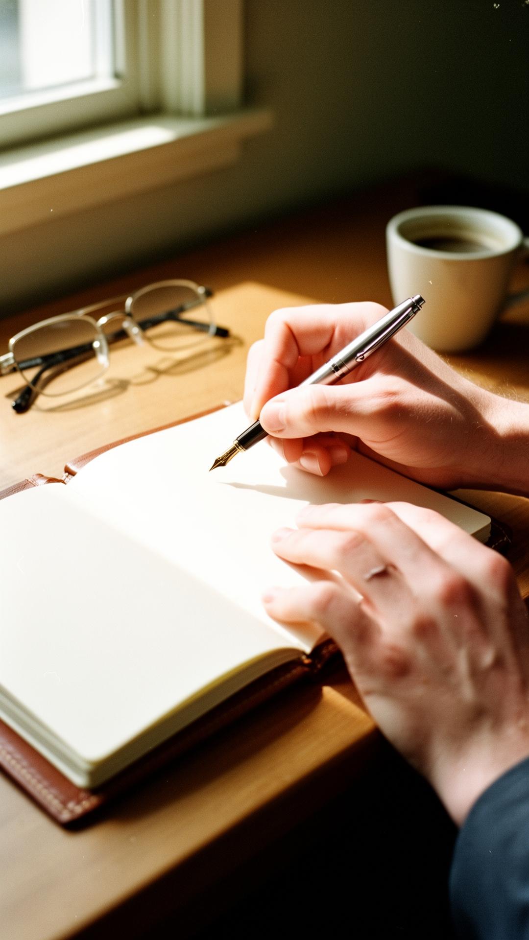 Hands writing musical notation in a journal with a pen